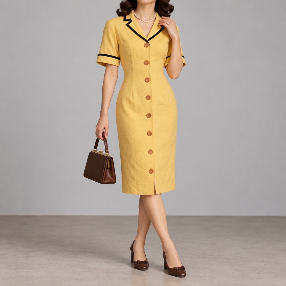 True Vintage Kasper Yellow Black Trim Button Front Midi Dress Size 6